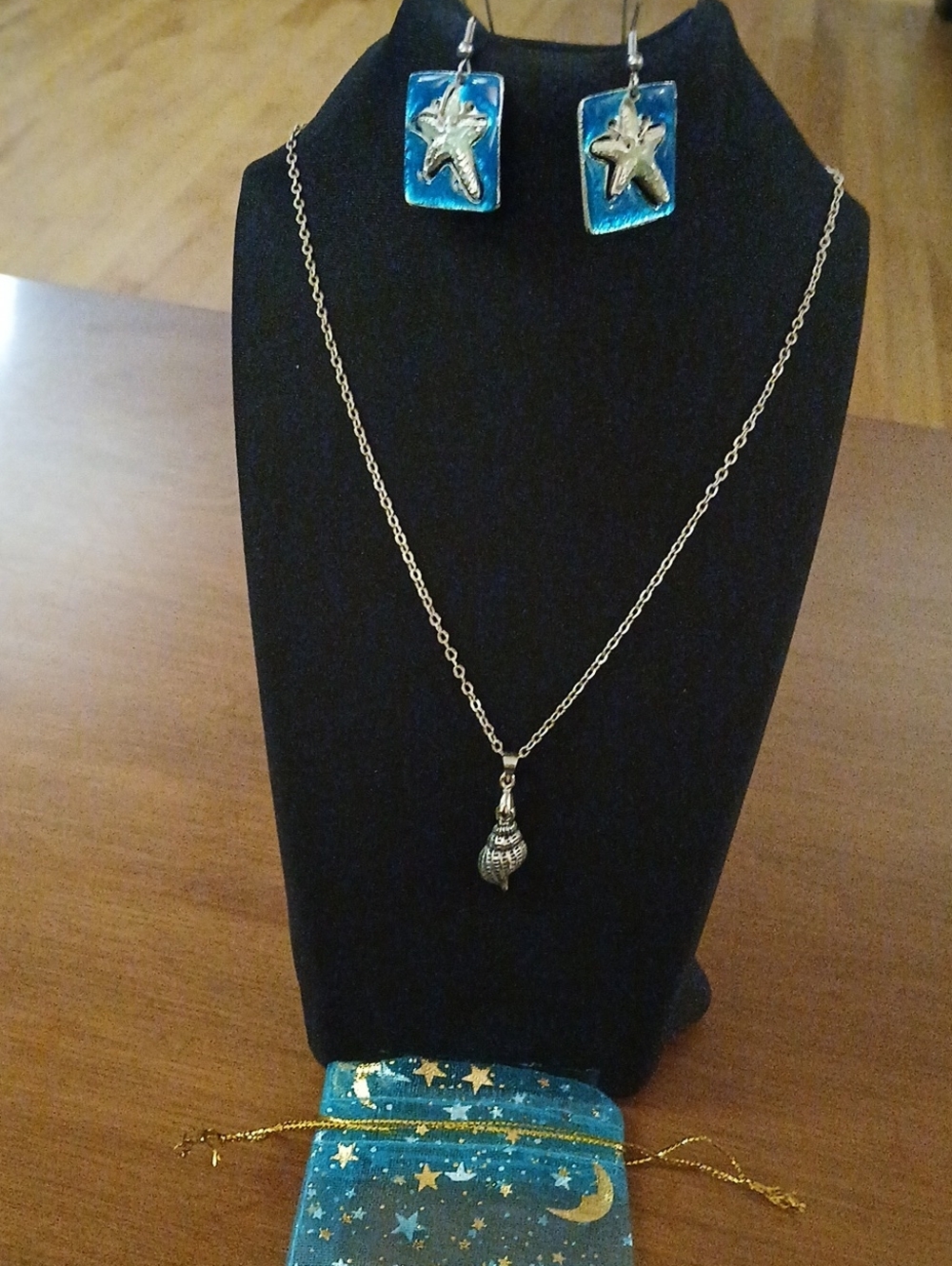 Sea Star Blue Enamel Drop Earrings and Shell Pendant Necklace Set